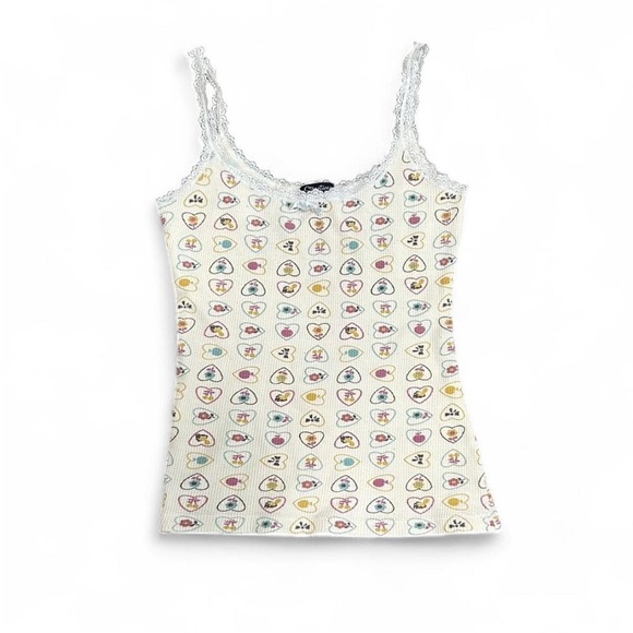 Streetwear Society Tops - Streetwear Society White Lace-Trim Camisole with Pastel Heart Print